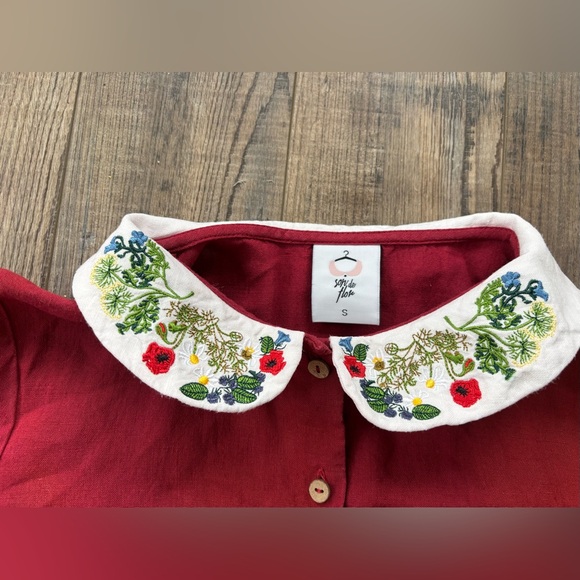 Son de Flor Classic Marsala Red Dress with Garden Embroidered Collar Size Small - Picture 2 of 11